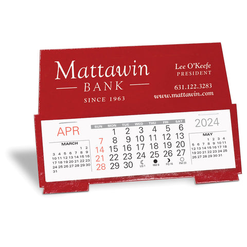 Small red stand-up promotional desk calendar with company logo imprint