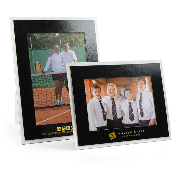 Glossy black on white promotional cardboard picture frames with gold foil logo imprints
