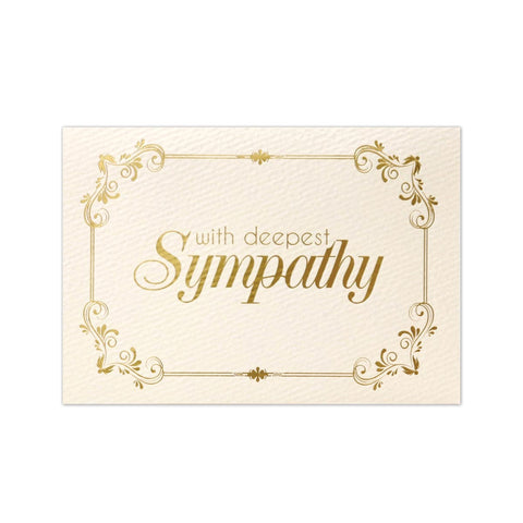 Ivory sympathy note card with ornate gold foil border and design accents