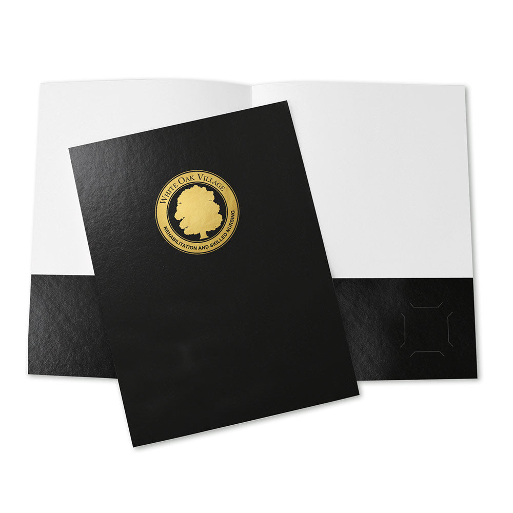 Glossy black pocket folder with gold foil logo imprint