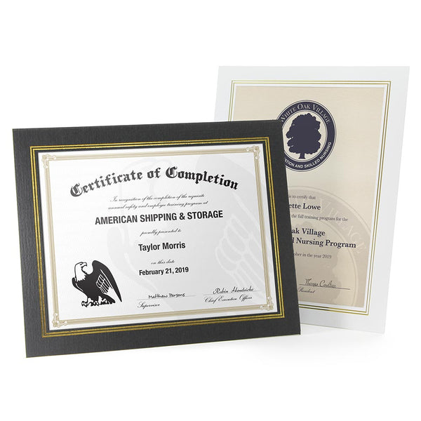Black and white paper certificate frames with gold foil window borders