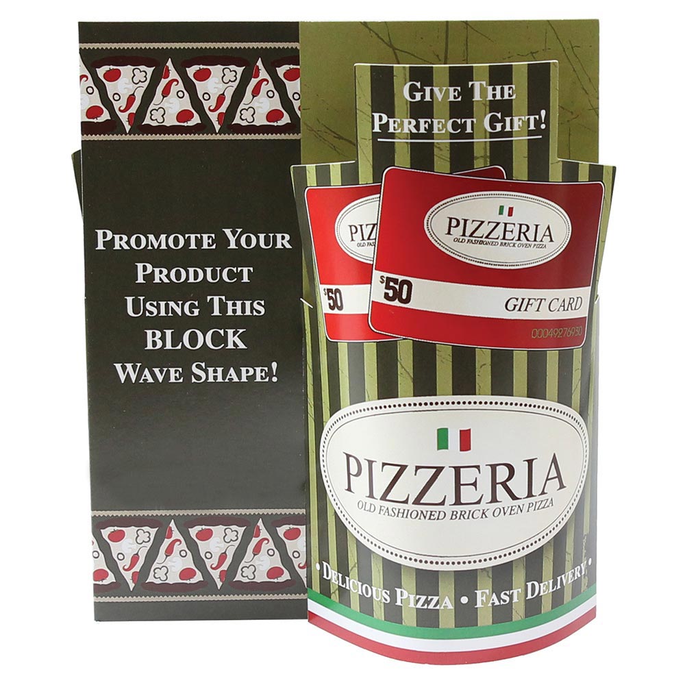 Table tent for a pizzeria advertising gift cards