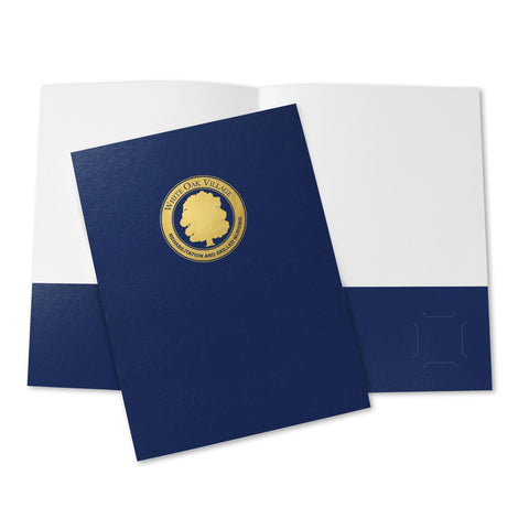 Glossy blue pocket folder with gold foil company logo imprint