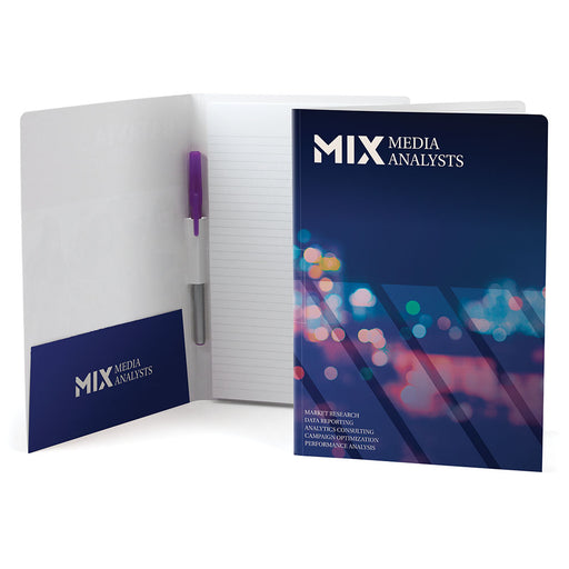 Custom printed padfolio with branding for a media company. Slit for a small pen in the crease.