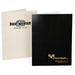 Ivory and black pocket folders, each with a company logo stamped on the front covers