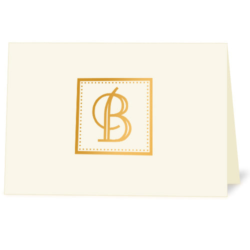 Ivory note card with metallic copper foil decorative monogram imprint.