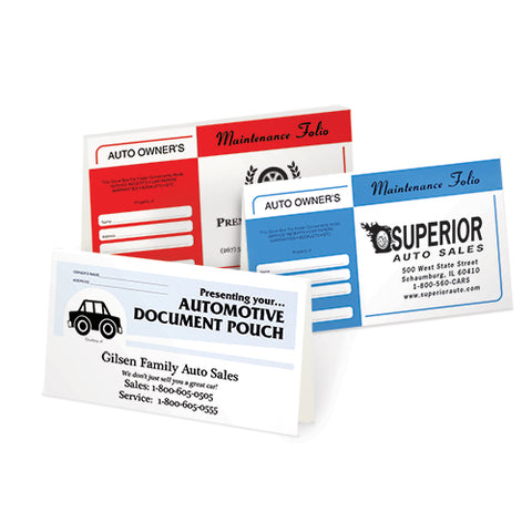 Automotive document pouches in royal blue, red, and light blue