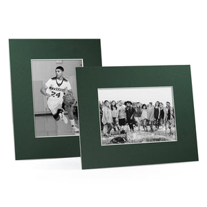 Dark green mat board picture frames in horizontal and vertical formats.