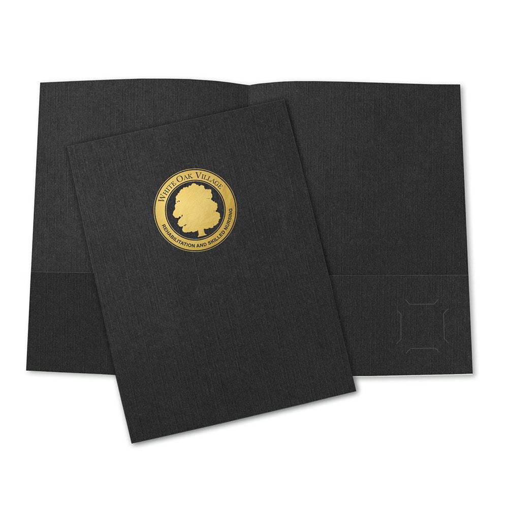 Black linen pocket folder with gold foil logo imprint