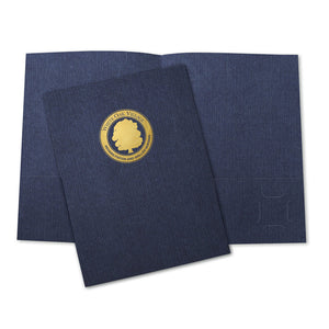 Navy blue linen pocket folder with gold foil logo imprint